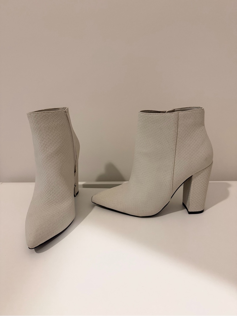 Women's Pointed Toe Block Heel Ankle Boots - Cream